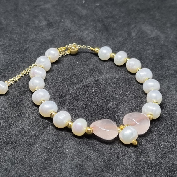 B0236 - Freshwater Pearls with Rose Quartz Bracelet