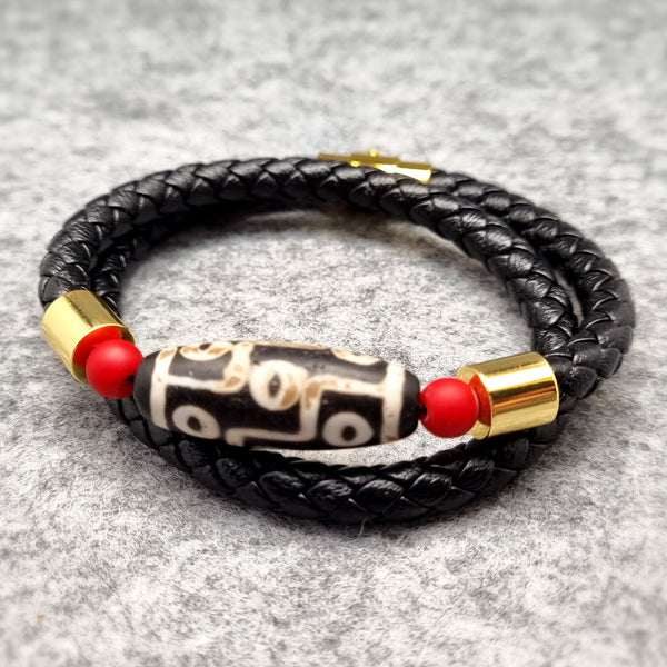 B0620 - 9 Eye Dzi Bead with Cinnabar Bracelet