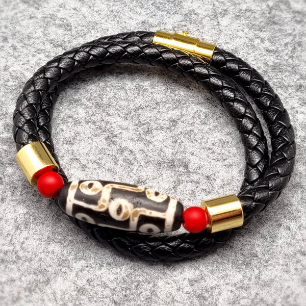 B0620 - 9 Eye Dzi Bead with Cinnabar Bracelet