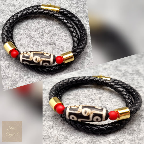 B0620 - 9 Eye Dzi Bead with Cinnabar Bracelet