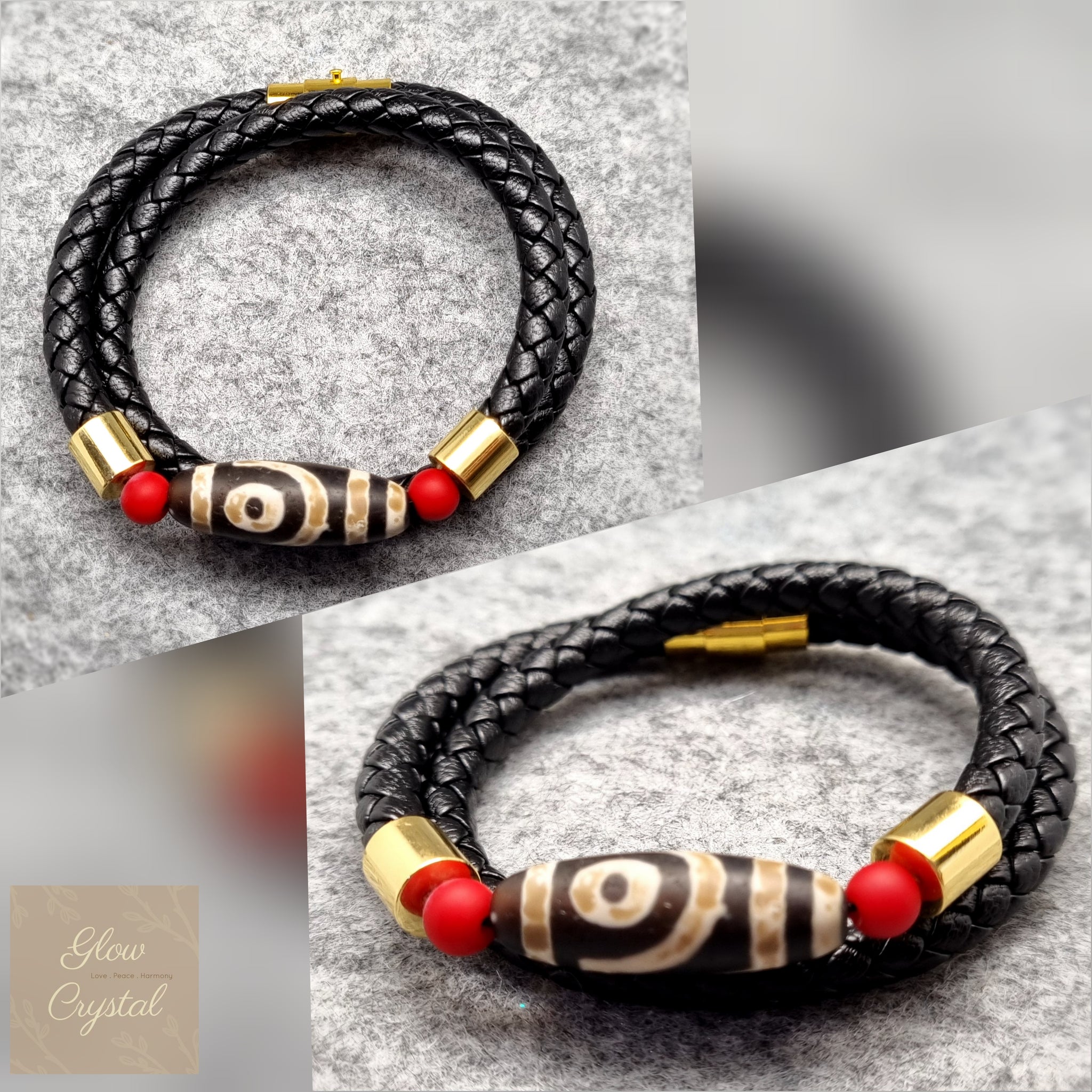 B0621 - 2 Eye Dzi Bead with Cinnabar Bracelet